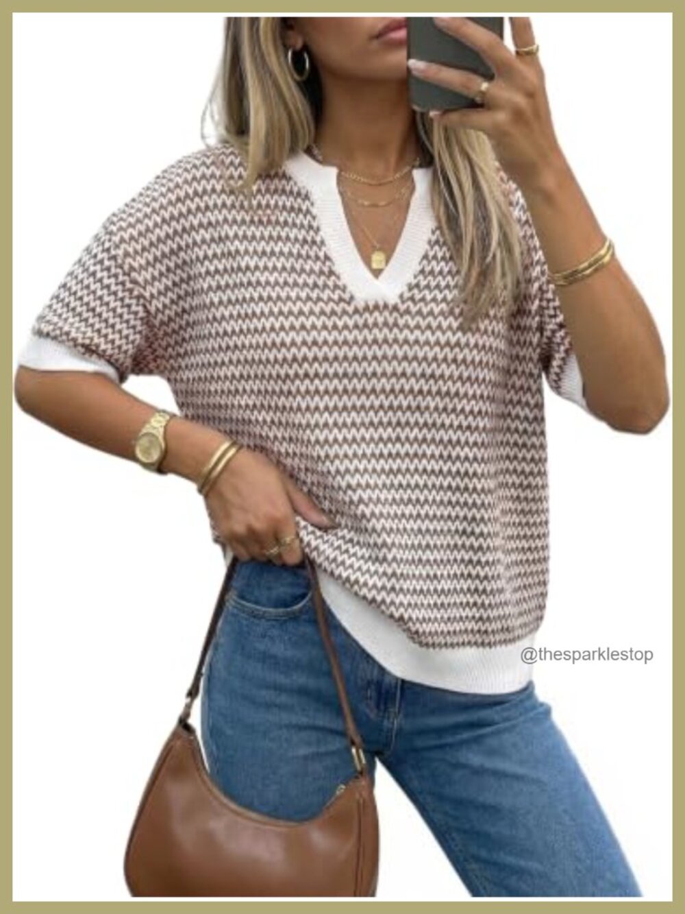Striped Short Sleeve Sweater Pullover V-Neck Cotton Work Casual